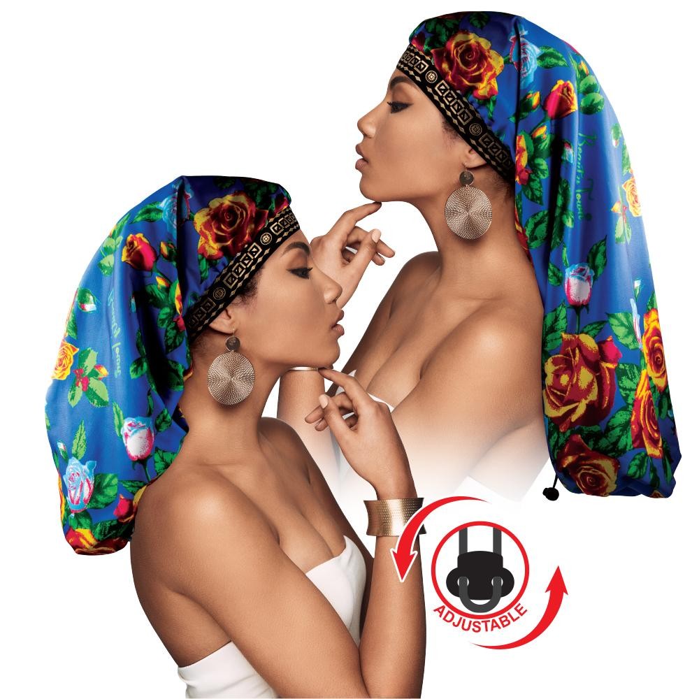 Adjustable X-Tra Long Knit Rose2 Bonnet Cap Blue