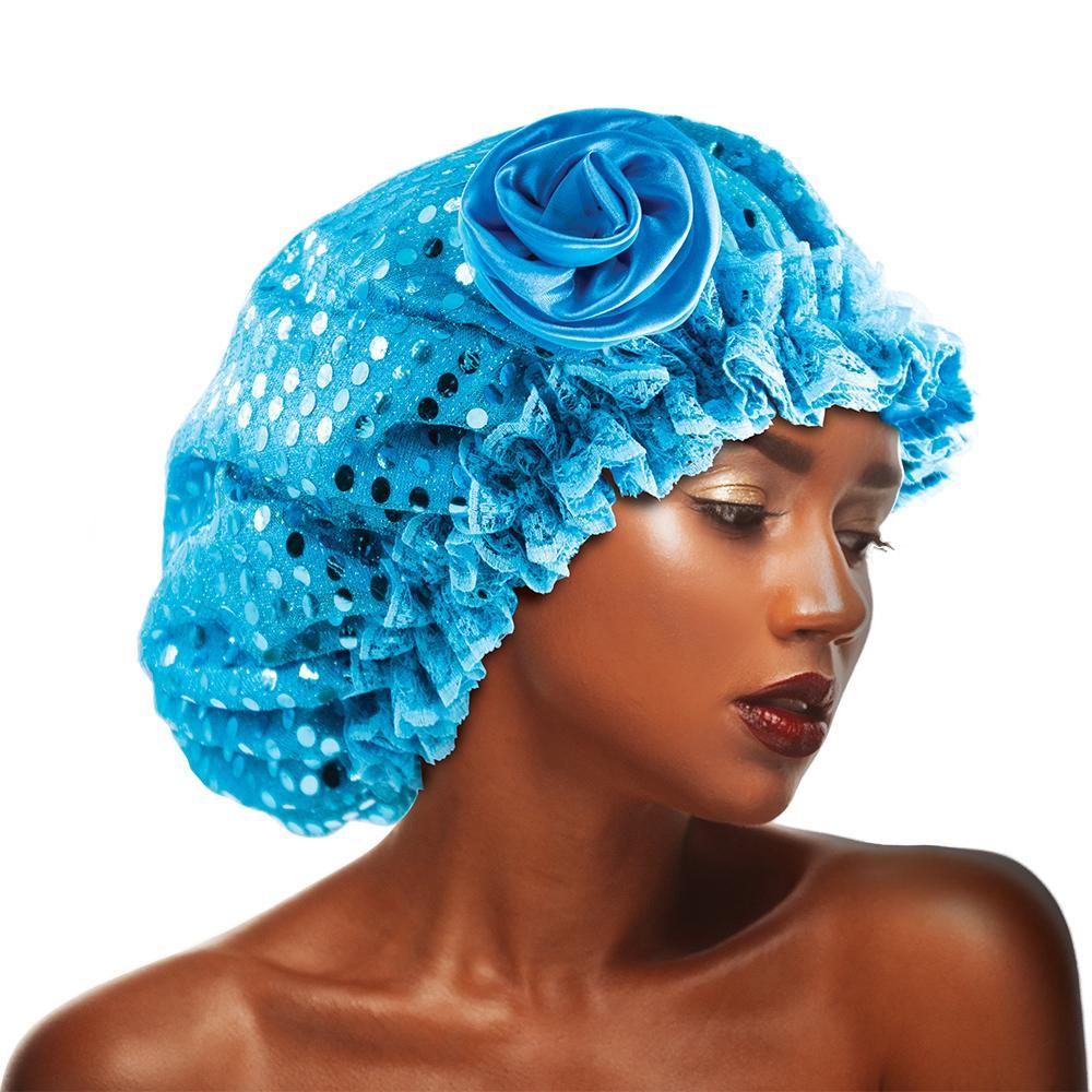 Sequins Flower Bonnet Cap Sky Blue