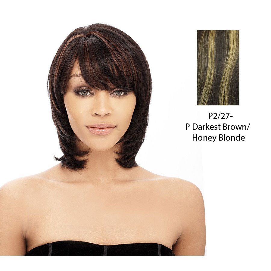 100% Human Hair Wig Yaki 810,Darkest brown base with strawberry blonde highlights