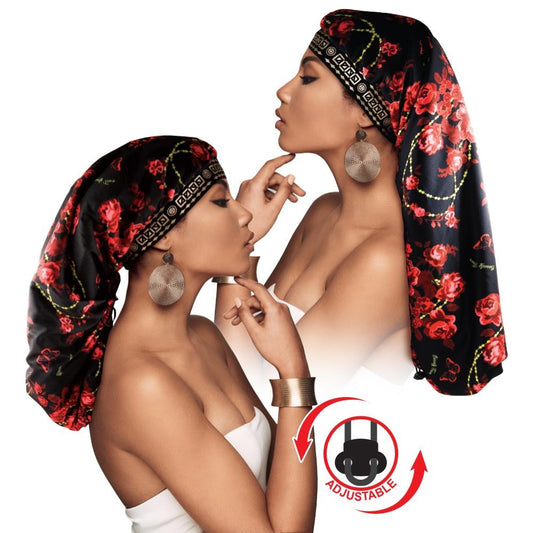 Adjustable X-Tra Long Knit Rose Bonnet Cap Black