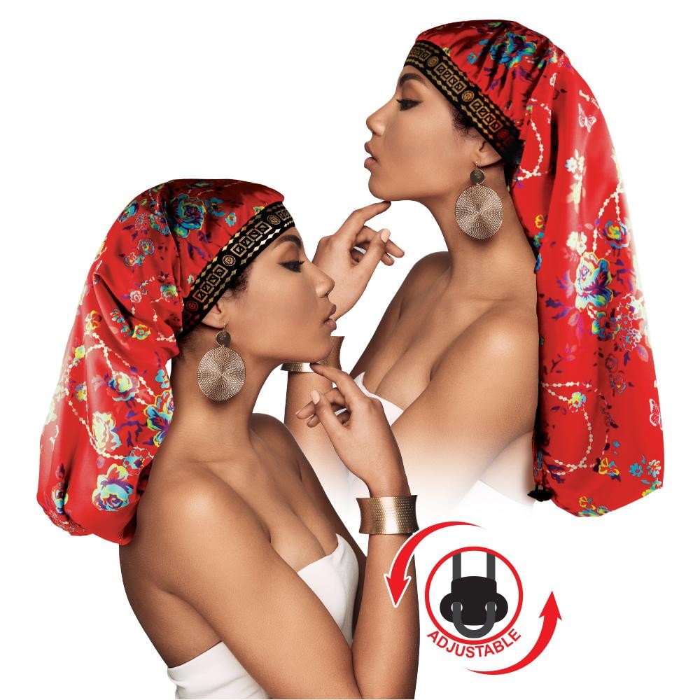 Adjustable X-Tra Long Knit Rose Bonnet Cap Red