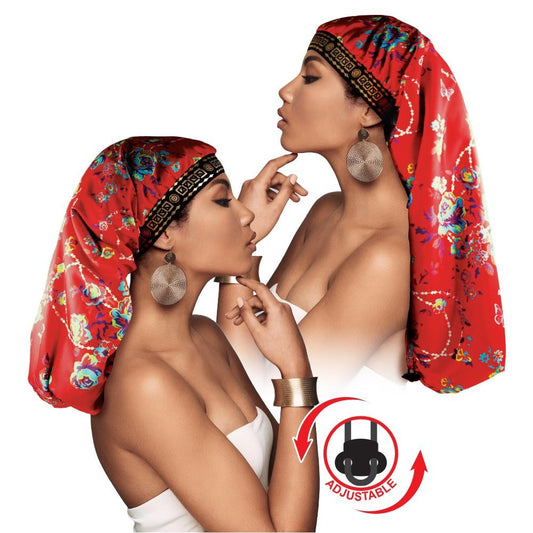 Adjustable X-Tra Long Knit Rose Bonnet Cap Red