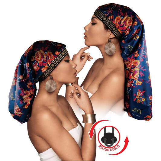 Adjustable X-Tra Long Knit Rose Bonnet Cap Navy Blue