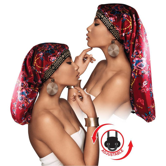 Adjustable X-Tra Long Knit Rose Bonnet Cap Burgundy