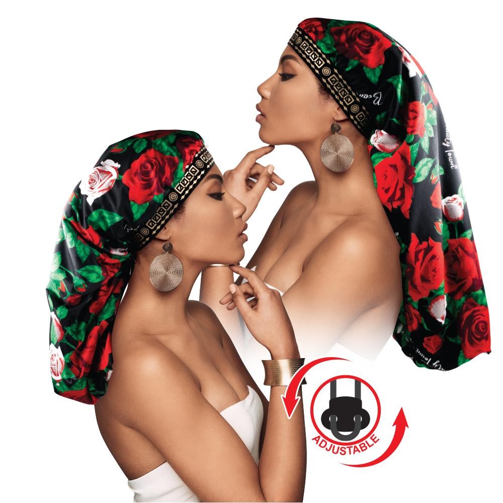 Adjustable X-Tra Long Knit Rose2 Bonnet Cap Black