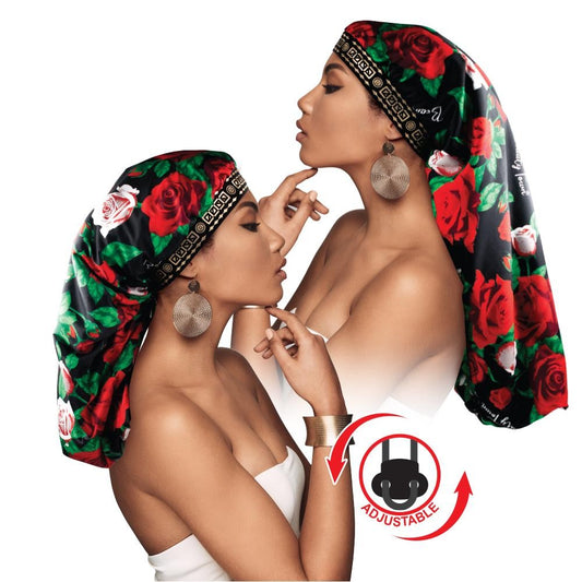 Adjustable X-Tra Long Knit Rose2 Bonnet Cap Black