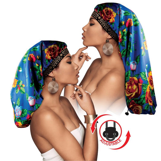 Adjustable X-Tra Long Knit Rose2 Bonnet Cap Blue