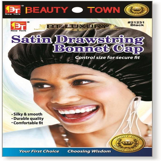 Satin Drawstring Bonnet Cap Black