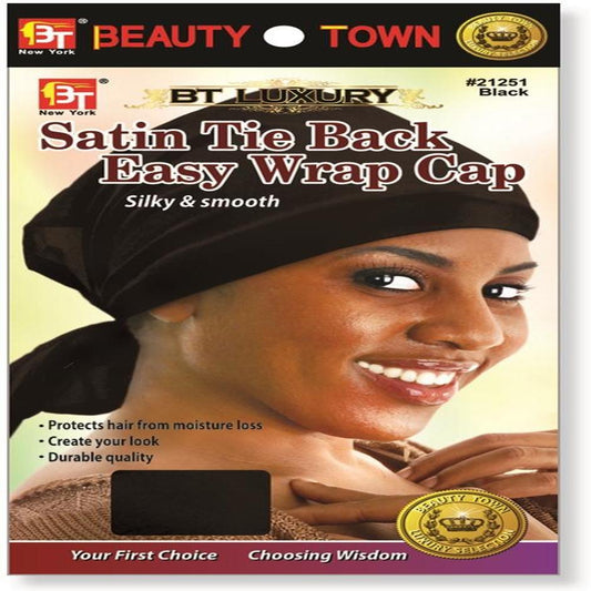 Satin Tie Back Easy Wrap Cap Black