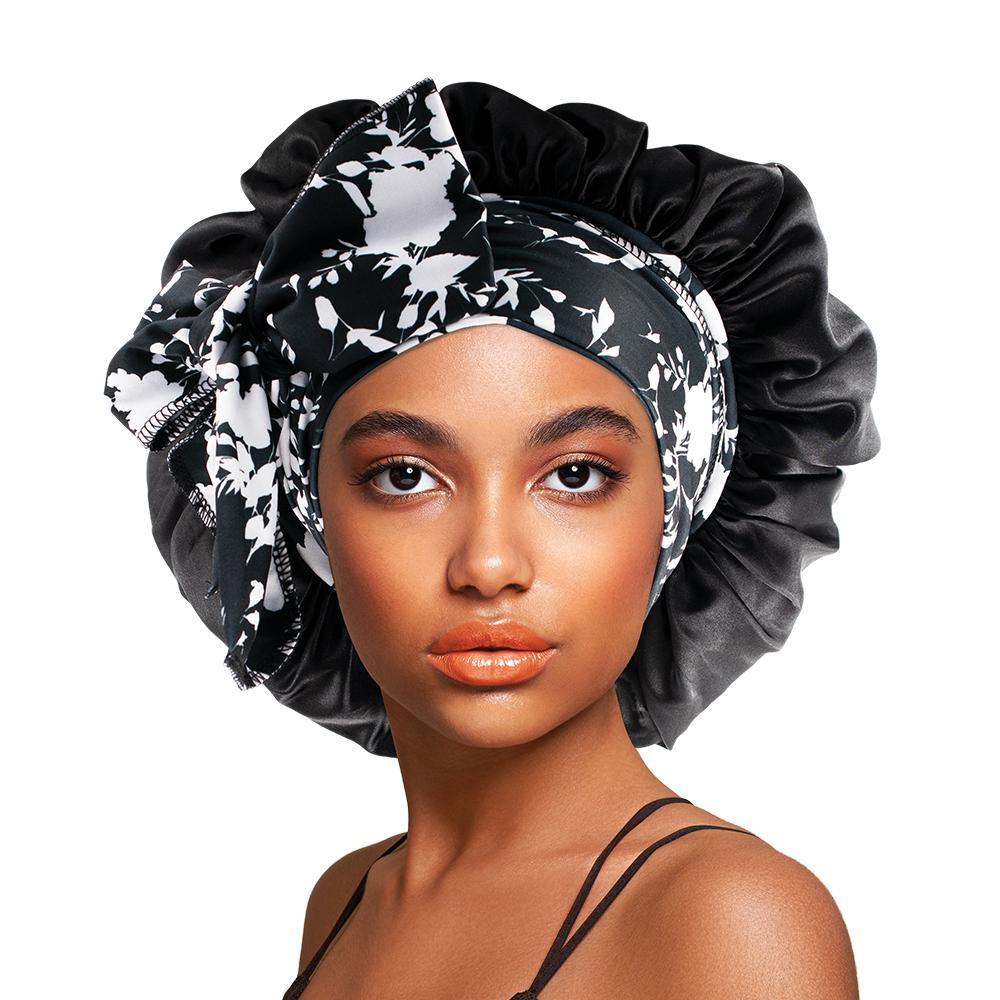 Satin Long Tie & Wide Band Bonnet Cap Black