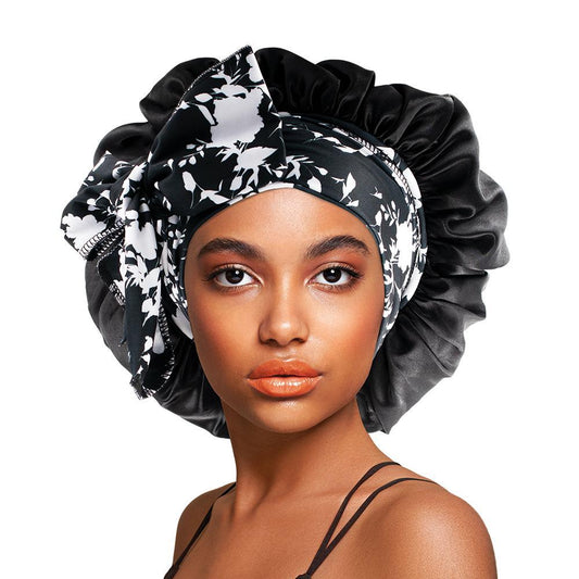 Satin Long Tie & Wide Band Bonnet Cap Black