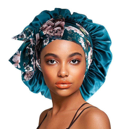 Satin Long Tie & Wide Band Bonnet Cap Turquoise
