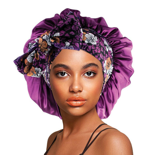 Satin Long Tie & Wide Band Bonnet Cap Purple