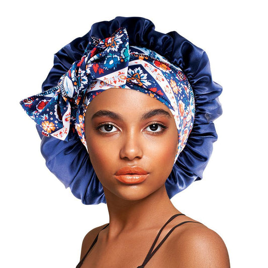 Satin Long Tie & Wide Band Bonnet Cap Navy Blue