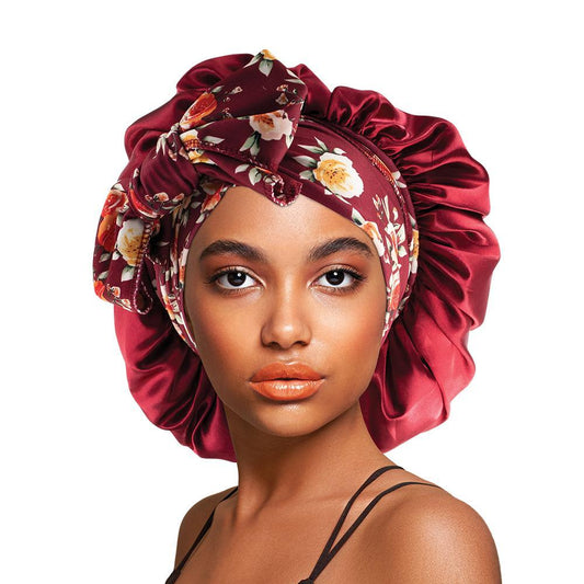 Satin Long Tie & Wide Band Bonnet Cap Burgundy