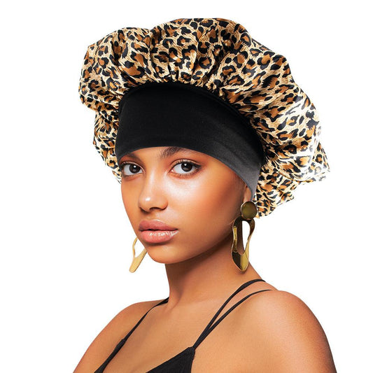 Satin Wide-Edge Bonnet Cap Leopard