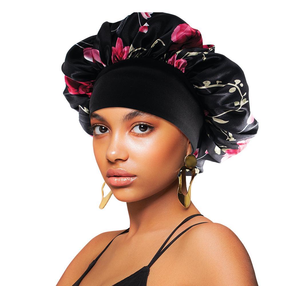Satin Wide-Edge Bonnet Cap Floral Black