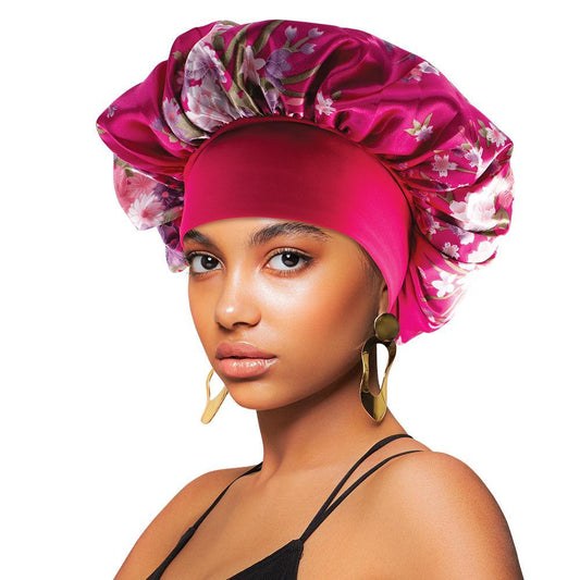 Satin Wide-Edge Bonnet Cap Floral Hot Pink