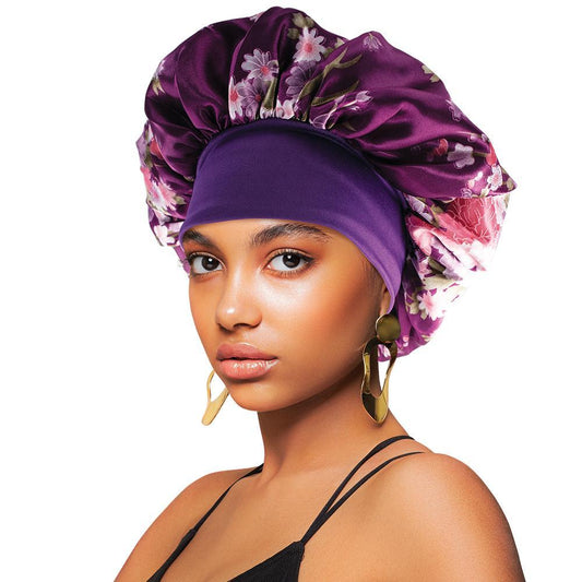Satin Wide-Edge Bonnet Cap Floral Purple