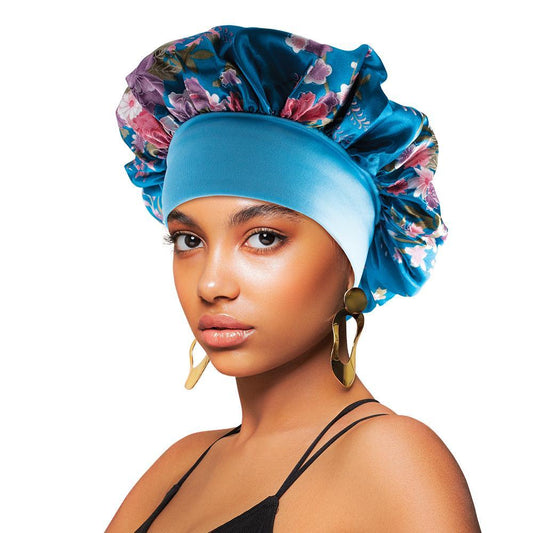 Satin Wide-Edge Bonnet Cap Floral Blue