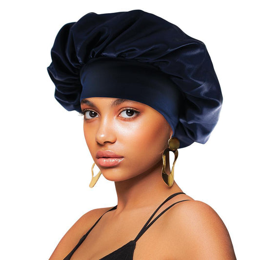 Satin Wide-Edge Bonnet Cap Navy Blue