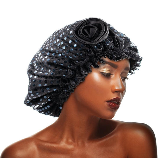 Sequins Flower Bonnet Cap Black