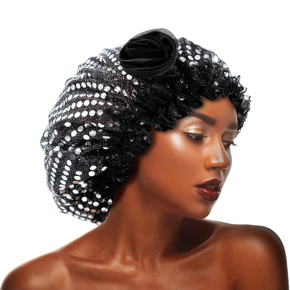 Sequins Flower Bonnet Cap Black&Silver