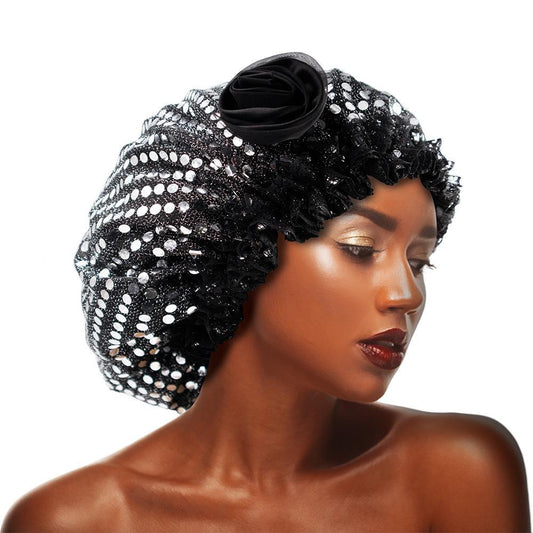 Sequins Flower Bonnet Cap Black&Silver