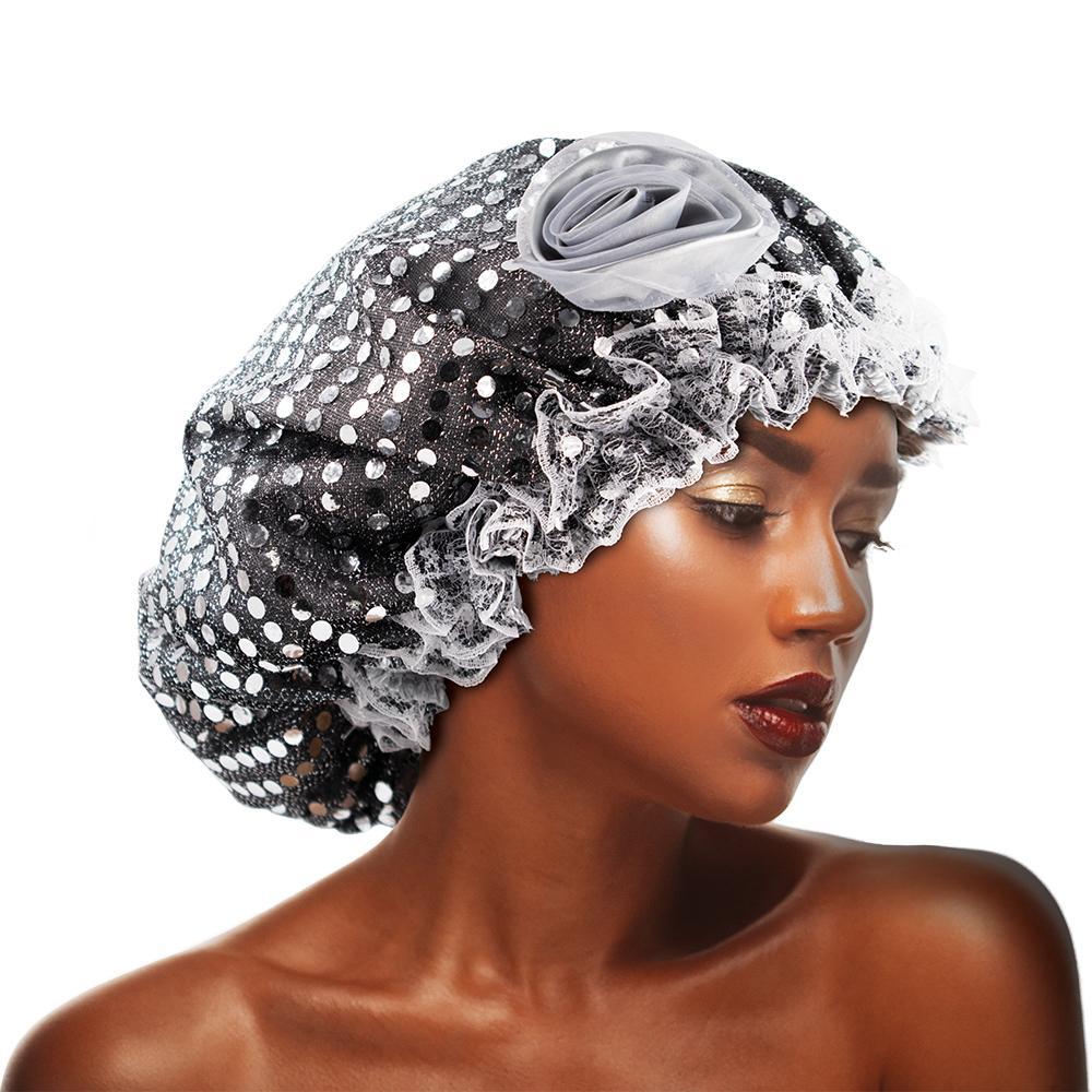 Sequins Flower Bonnet Cap Silver