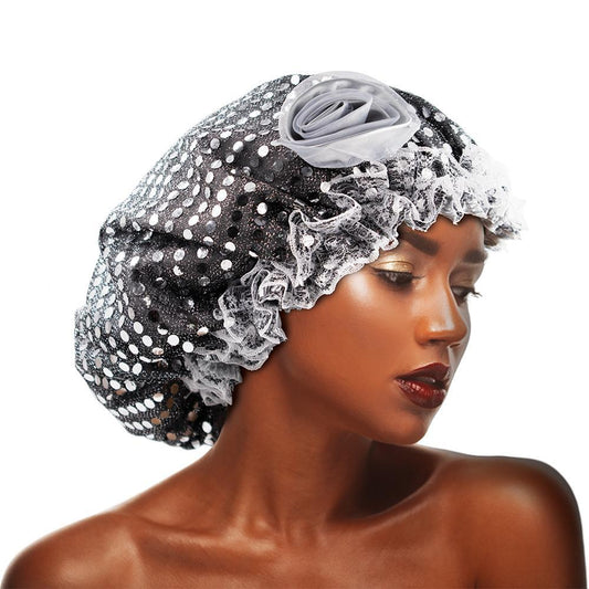 Sequins Flower Bonnet Cap Silver