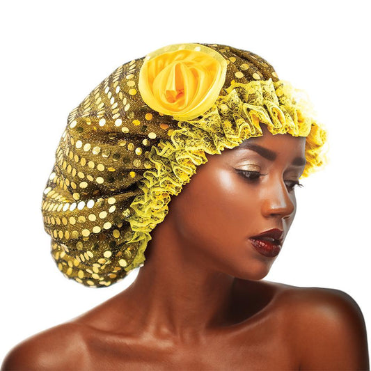 Sequins Flower Bonnet Cap Gold