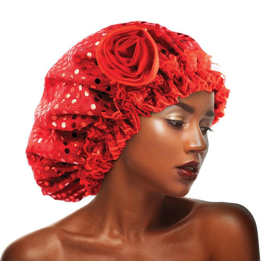 Sequins Flower Bonnet Cap Red