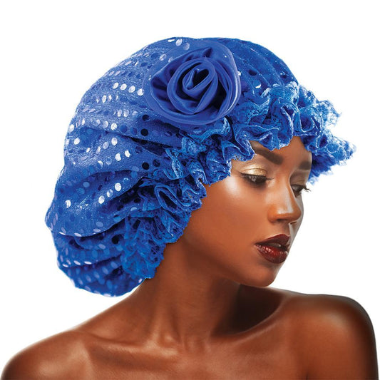 Sequins Flower Bonnet Cap Blue