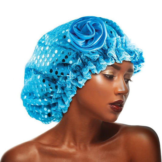Sequins Flower Bonnet Cap Sky Blue