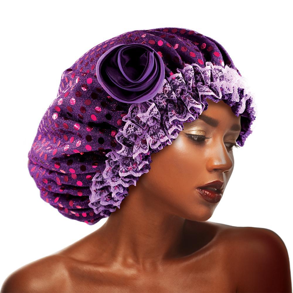 Sequins Flower Bonnet Cap Purple