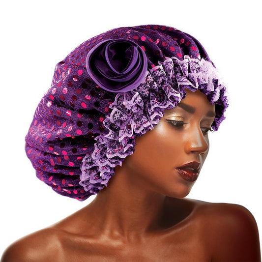 Sequins Flower Bonnet Cap Purple