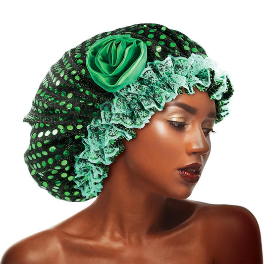 Sequins Flower Bonnet Cap Green