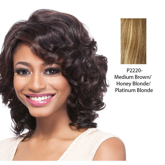100% Human Hair Wig,Streaked blend of medium brown, strawberry blonde, and platinum blonde