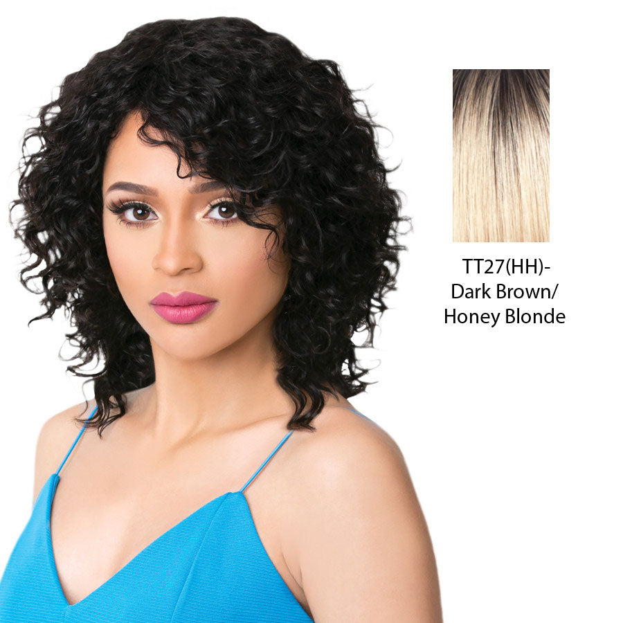 100% Human Hair Wig Wet N Wavy Rana,Dark brown roots with strawberry blonde