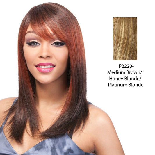 100 Human Hair Wig Yaki 1214,Streaked blend of medium brown, strawberry blonde, and platinum blonde