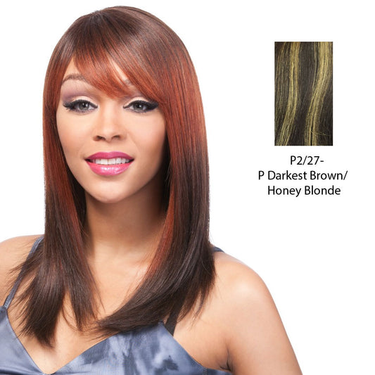 100 Human Hair Wig Yaki 1214,Darkest brown base with strawberry blonde highlights