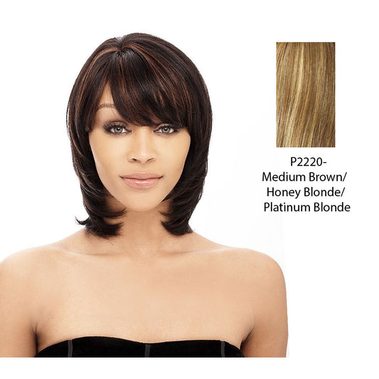 100% Human Hair Wig Yaki 810,Streaked blend of medium brown, strawberry blonde, and platinum blonde
