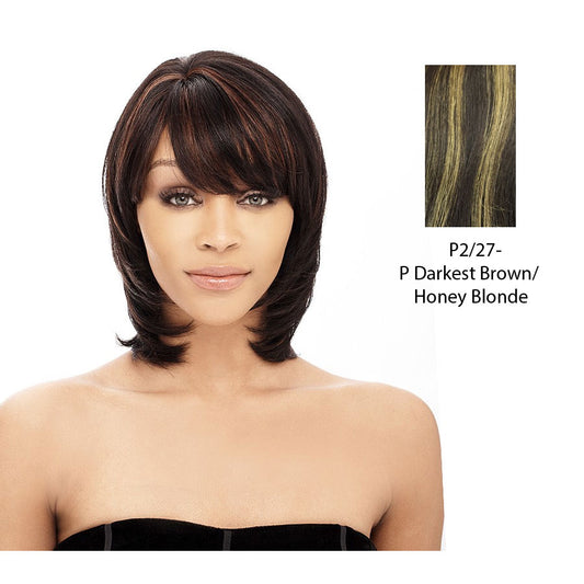100% Human Hair Wig Yaki 810,Darkest brown base with strawberry blonde highlights