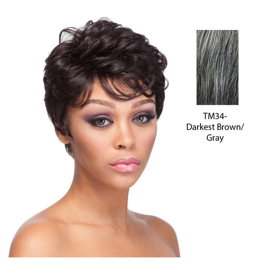 100% Human Hair Mix Quality Wig Hh Rosie,Two Tone Mix Of Darkest Brown With 5% Gray Roots With Gray Tips