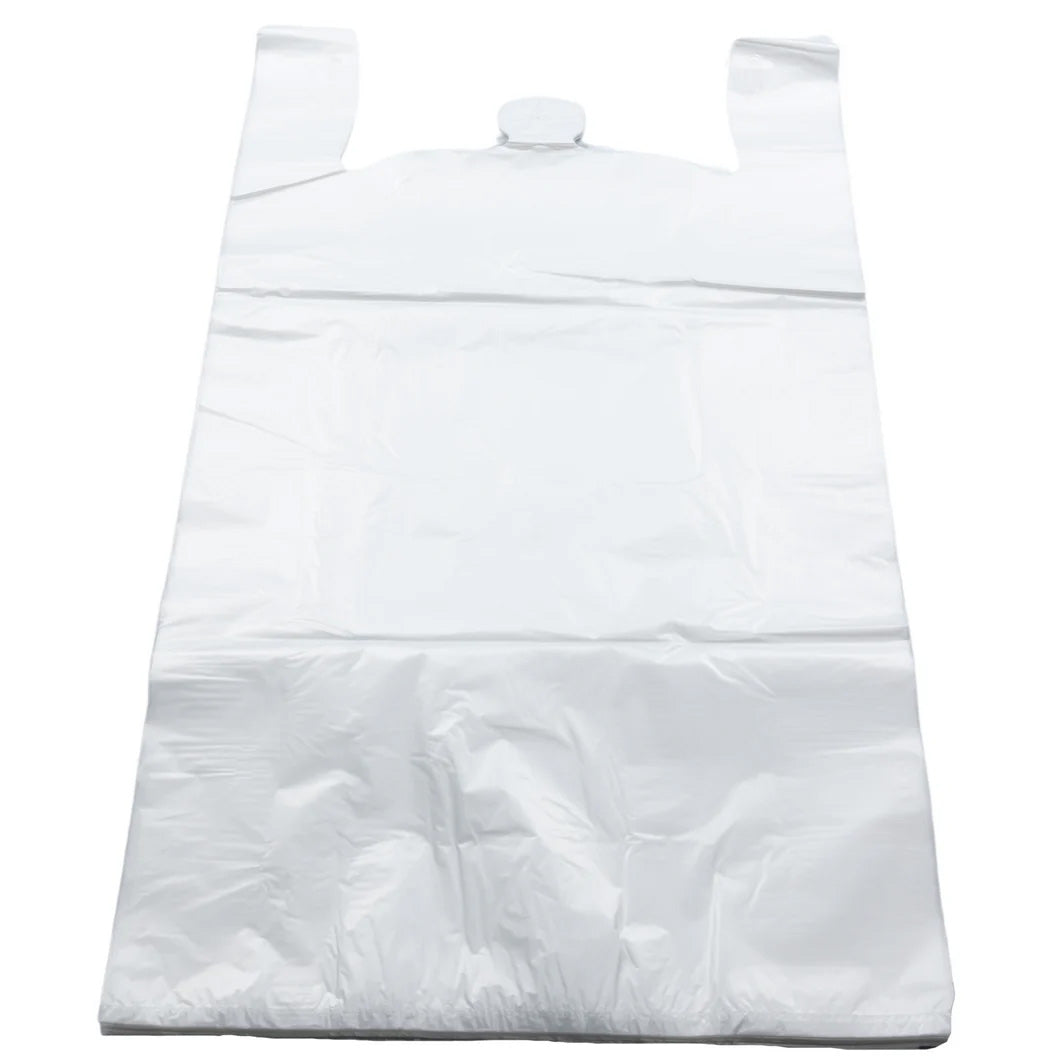 8"W x 4"G x 15.75"L, 1/10, 15 MIC White Plastic Shopping Bags, 300/CS